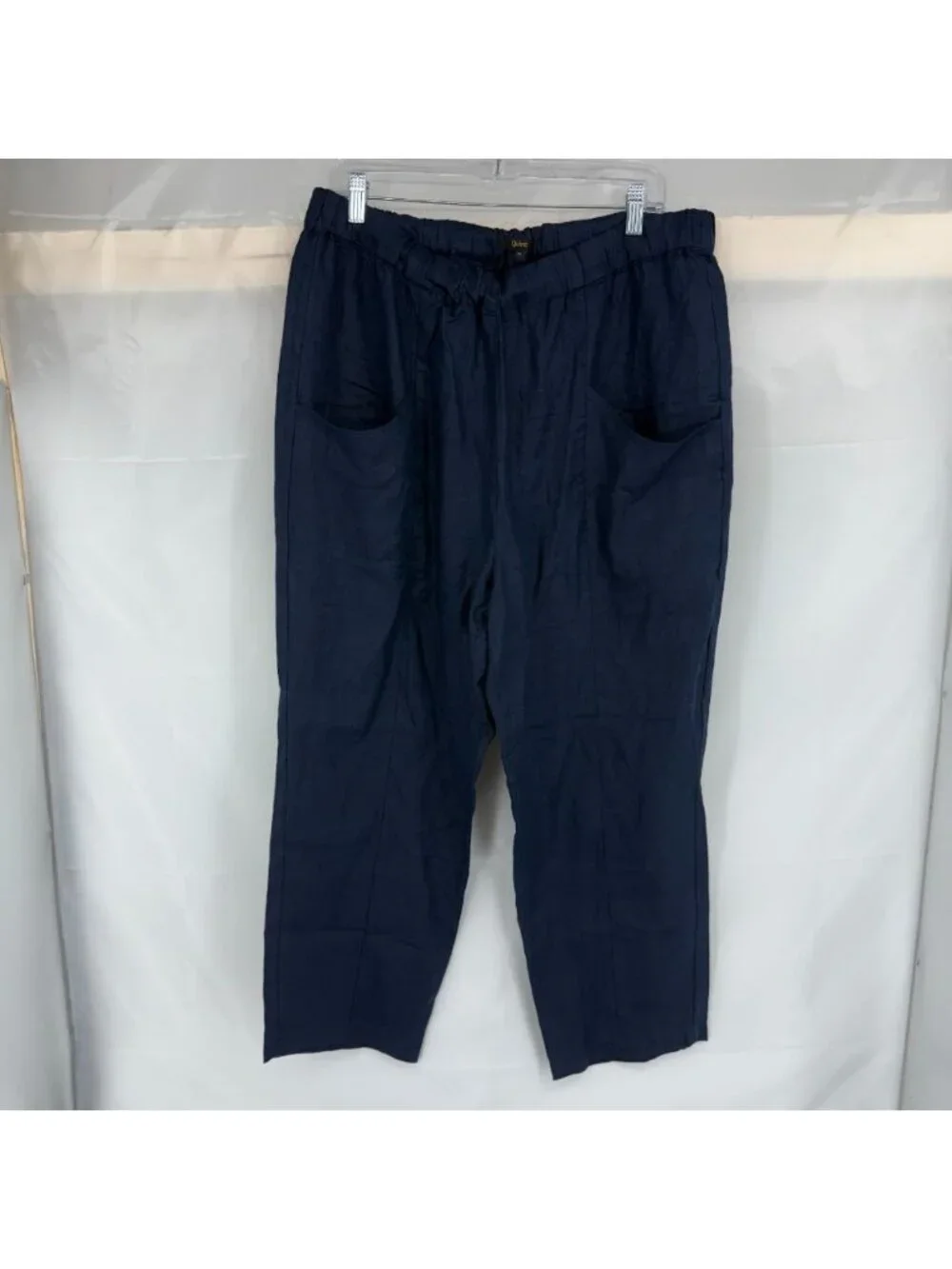 Quince Women XL 100% Linen Pants Tapered Ankle Pull On Navy Blue Stretch Waist